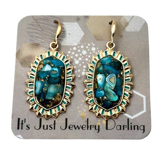 Gold Tone Faux Blue Turquoise Pierced 2 Inch Earrings Trendy Southwest Style - Picture 6 of 7